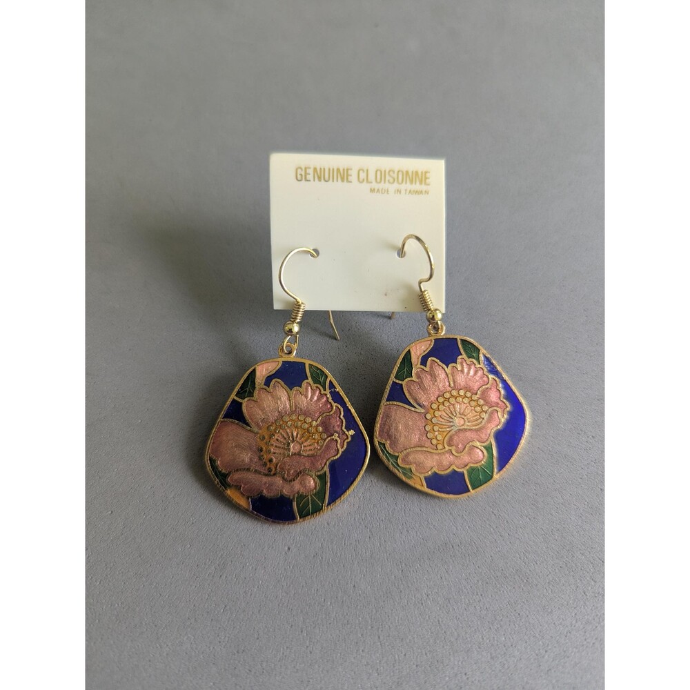 Vintage Taiwan Genuine Cloisonné Pink Floral Blue Enamel Dangle Earrings NOS